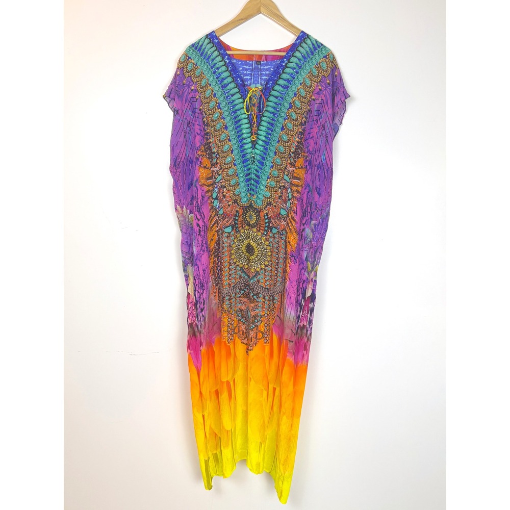 Bohemian Print Kaftan Maxi Dress Purple Yellow Lace Up V-Neck Size S/M - Picture 3 of 12